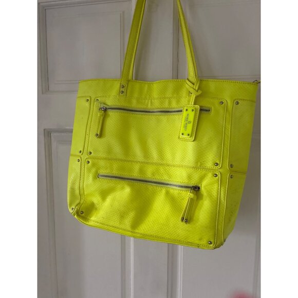 Nine West Bright Yellow Tote Bag With Multiple Zipper Pockets & Printed Interior - Picture 7 of 14